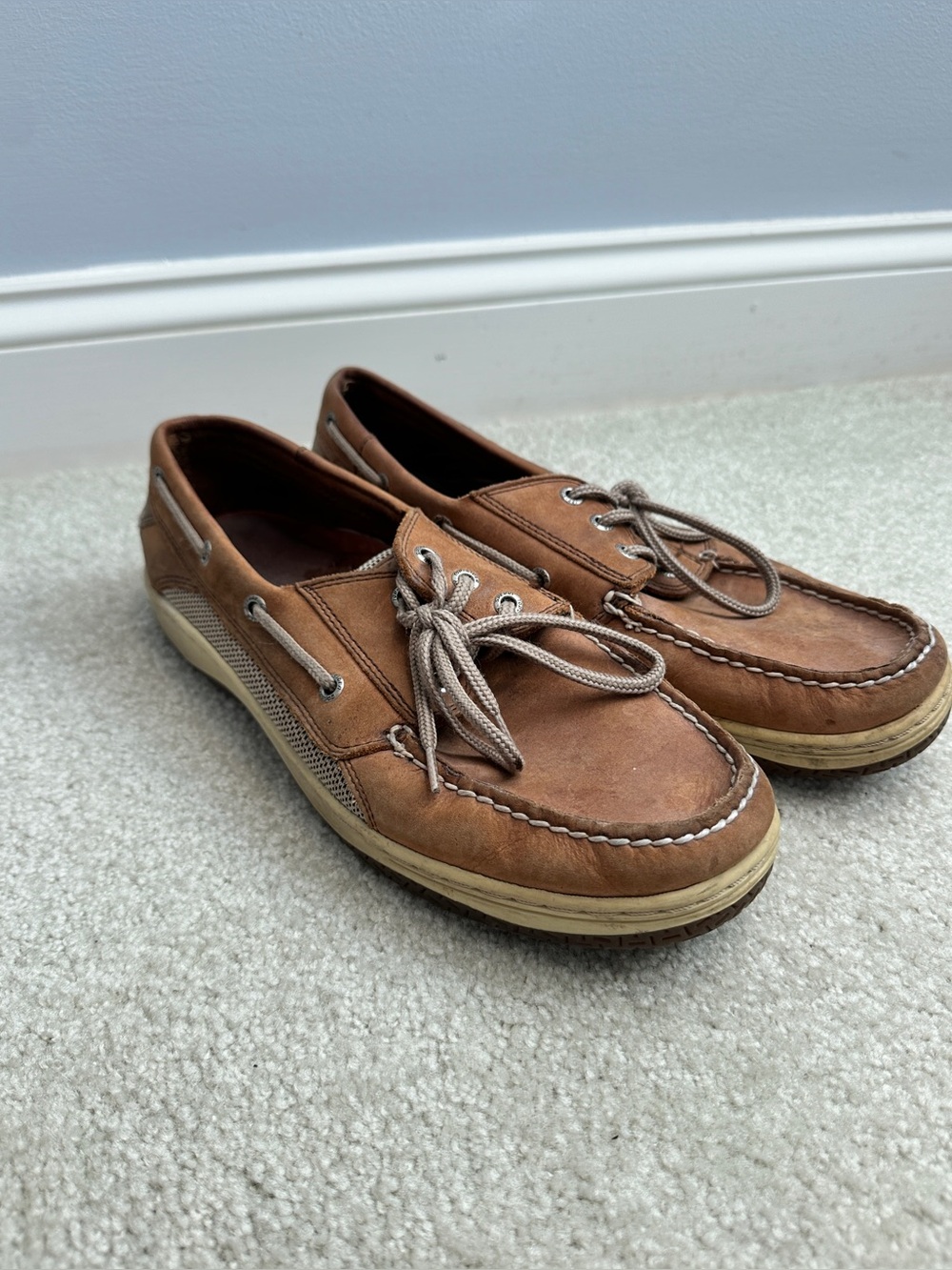 Sperry Tan Brown Leather Moc Toe Slip-On Boat Shoes